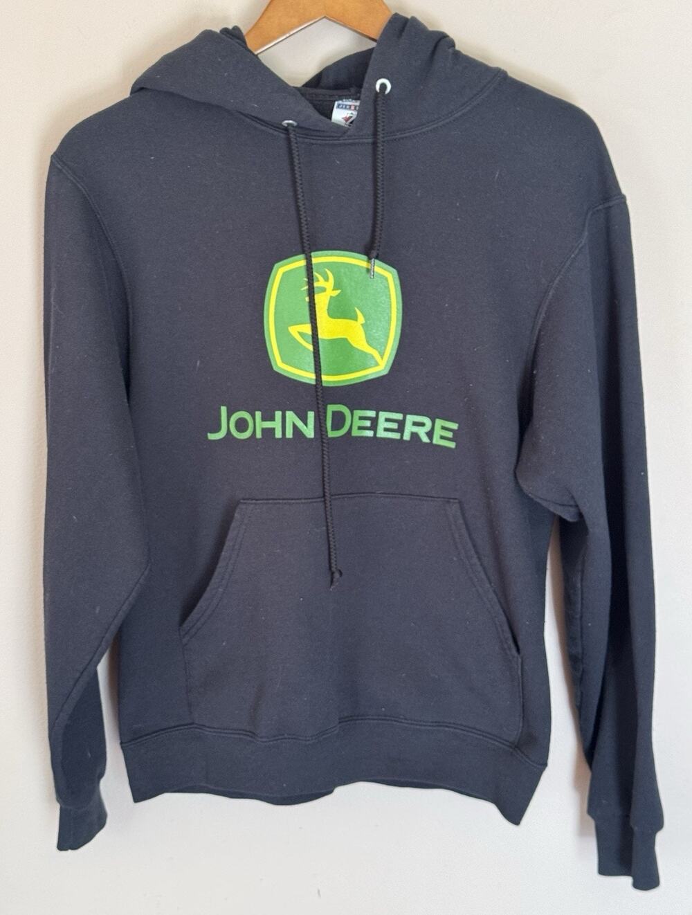 John Deere Drawstring Pullover Hoodie Small Black Sweatshirt